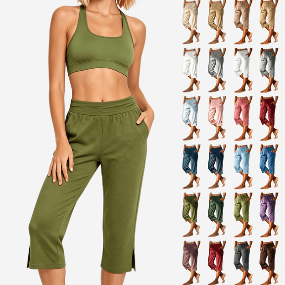 Women's Soft Fabric Loose Fit Capri Pants with Pockets, Mid Elastic Waist, Drawstring Comfortable, Casual Summer Beach Outdoor, Capris | VerBelle,Army Green L