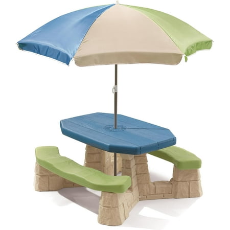 Naturally Playful Kids Picnic Table with Umbrella, Indoor/Outdoor Toys, Fits 6 Children, Made of Durable Plastic, For Toddlers 3+ Years Old, Blue & Green