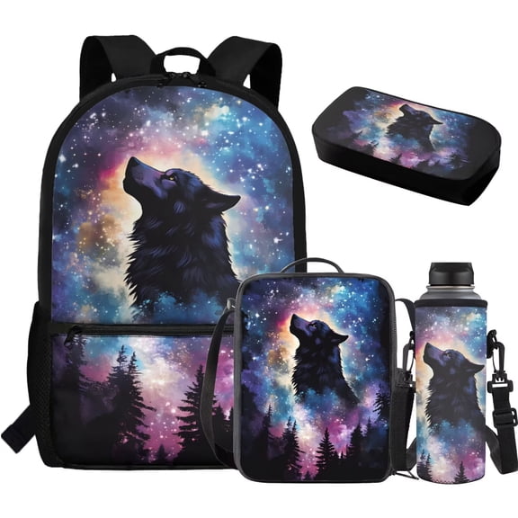 Jeiento Wolf Backpack for Boys 8-10 with Lunch Box Primary School Bag and Lunch Bag Galaxy Sky Kids Bookbag Age 10-12 Elementary Pencil Case Water Bottle Holder