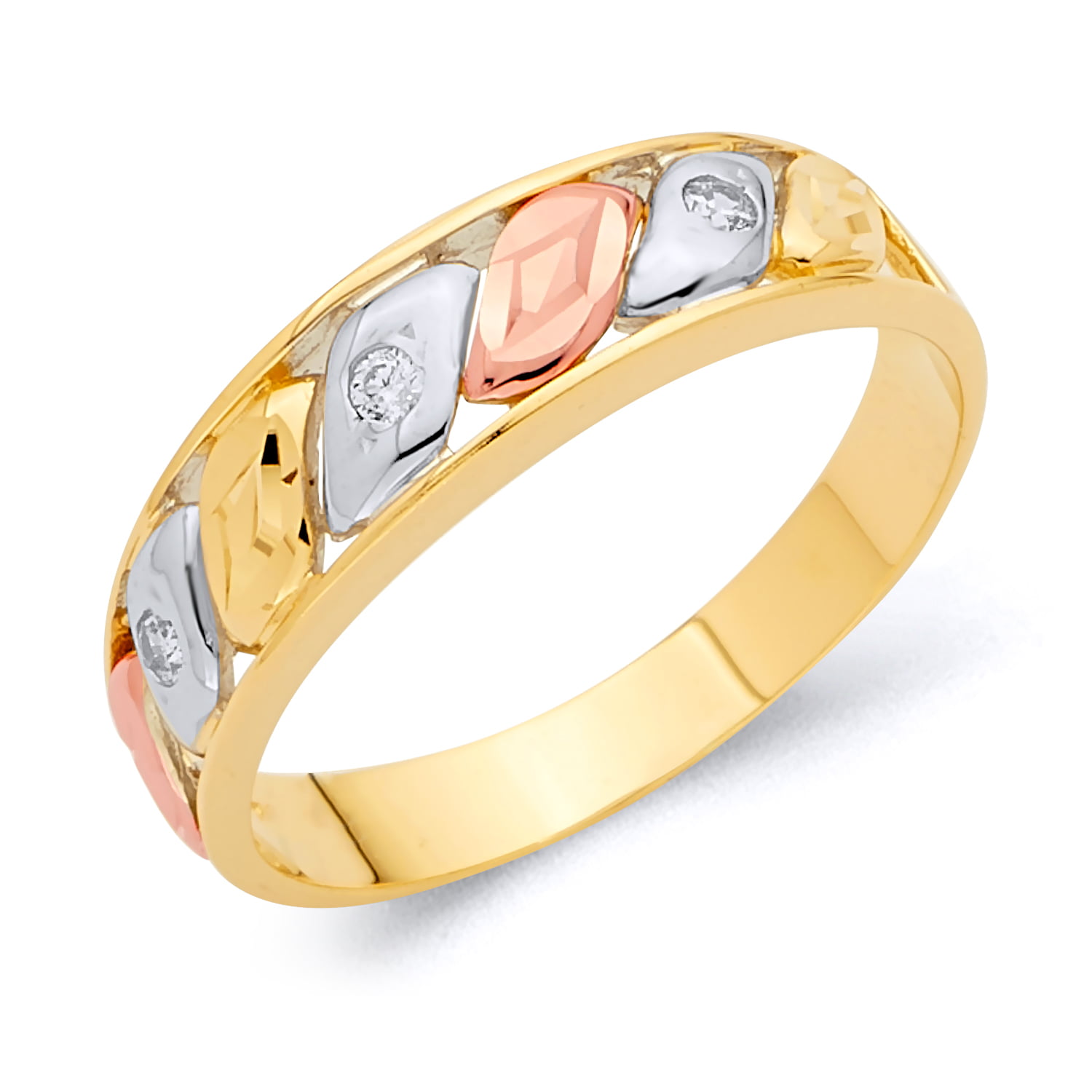 Wellingsale Mens 14K 3 Tri Color White Yellow and Rose/Pink Gold Polished Diamond Cut CZ Cubic Zirconia Wedding Ring Band 