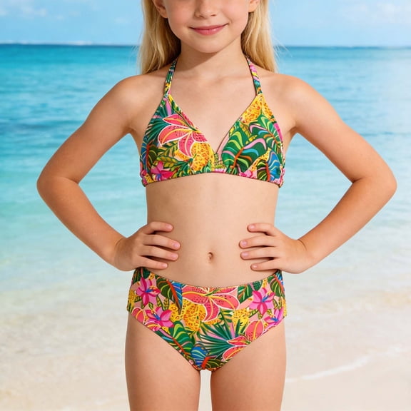 Xmyrz Girls Swimsuit 2 Piece Sleeveless Floral Print Triangle Top & High Waist Bottom Bikini Set Bathing Suits For Teens