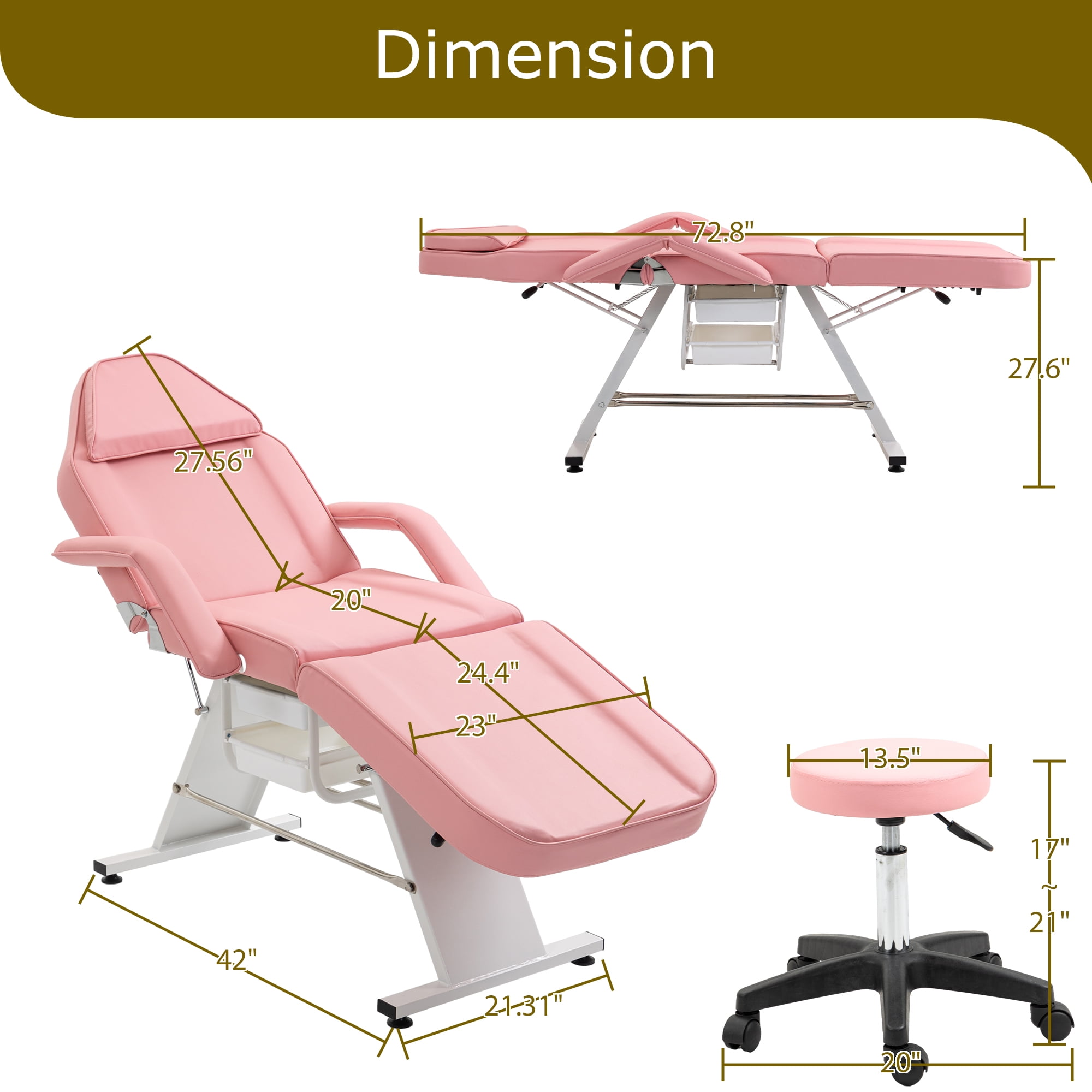 Miniyam 72.7" x 24.4" x 27.6" 3-in-1 Massage Bed & Tattoo Chair – 2 Trays, Hydraulic Stool, Adjustable 3 Sections – for Facial, Beauty, Barber – Pink