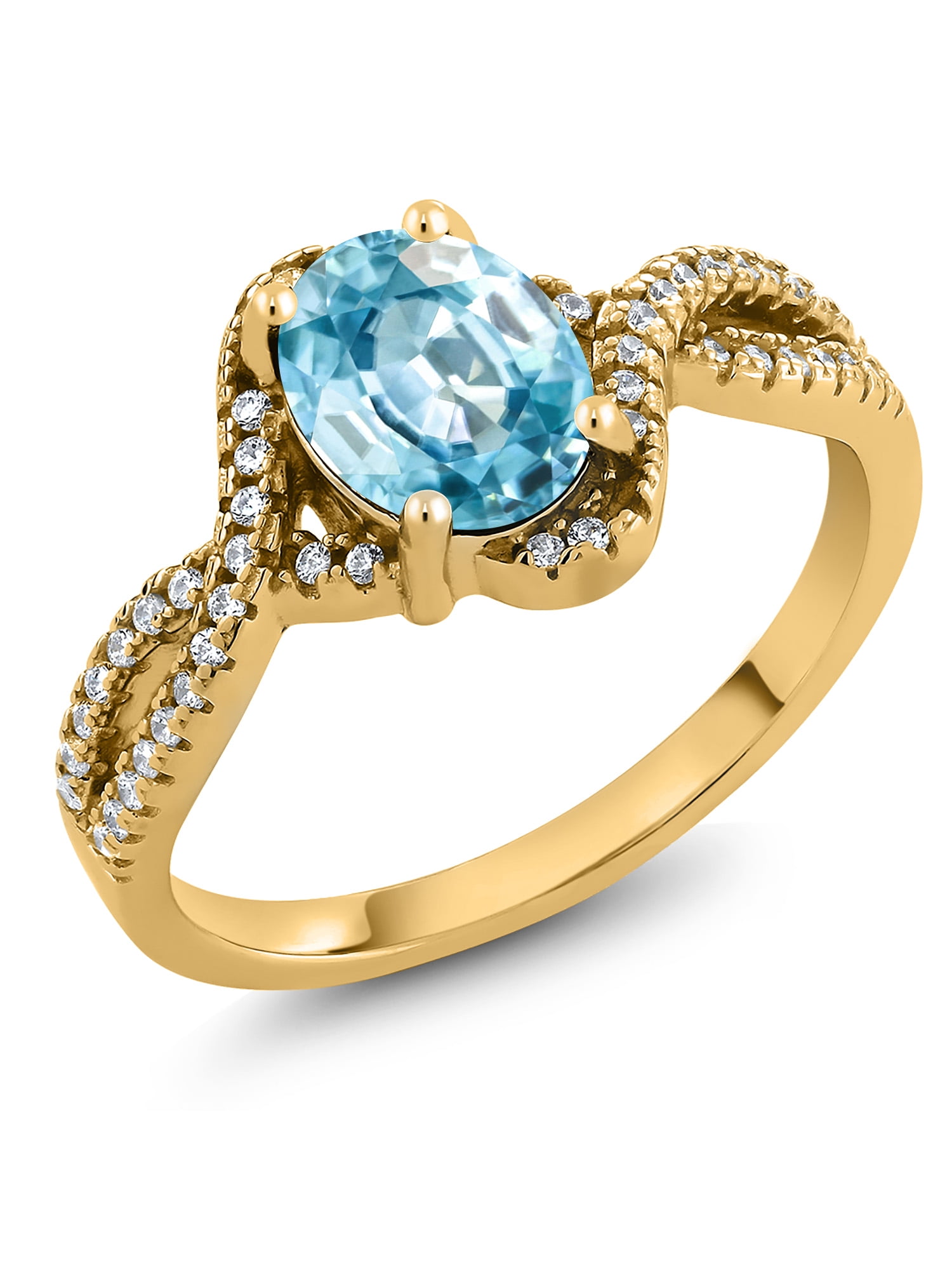 Gem Stone King 1.20 Ct Oval Blue Zircon 18K Yellow Gold Plated Silver Ring 