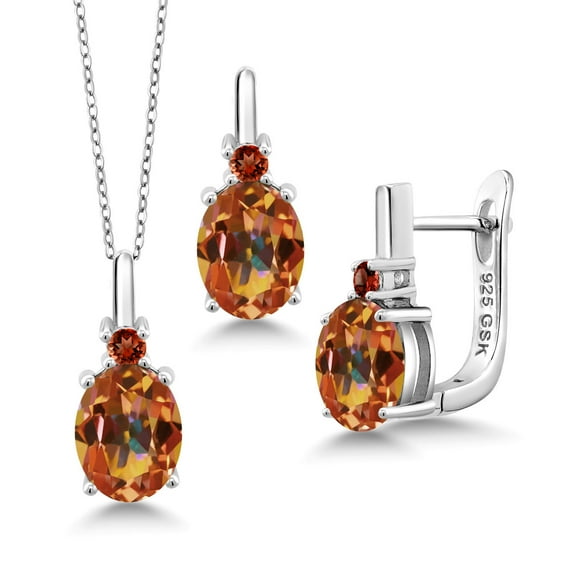 Gem Stone King 6.75 Ct Ecstasy Mystic Topaz Red Garnet 925 Sterling Silver Pendant and Earrings Jewelry Set