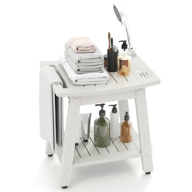 Gymax Shower Bench Seat HIPS Shower Stool w/Handle Shower Head & Soap Holder White