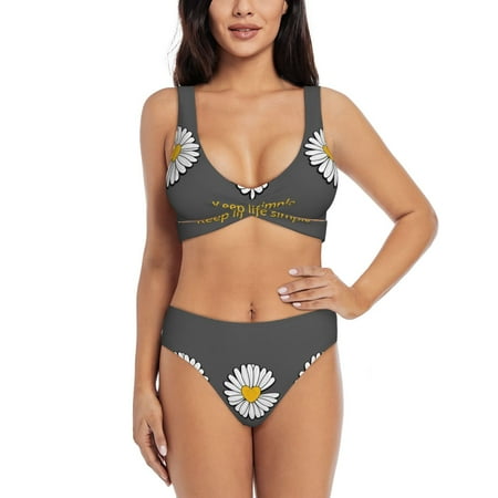 Zeuib Keep Life Simple Daisy Flower High Waisted Tummy Control Bikini Set - Knot Front Push Up Top & Cheeky Thong Bottom  Two-Piece Swimsuit for Women-XX-Large