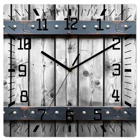 Grey Wood Grain Wooden Wall Clock Silent Non Ticking, Country Vintage Barn Door Rustic Lodge Square Wall Clocks Battery Operated, Decor Clock for Home Office, Living Room, Kitchen, 10 Inch