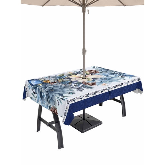 Outdoor Tablecloth with Umbrella Hole and Zipper, Navy Blue Christmas Rectangle Table Cloth 60x84 Inch Waterproof Tablecloth, Poinsettia Xmas Ball Berry Winter Picnic Table Cover for Patio Camping