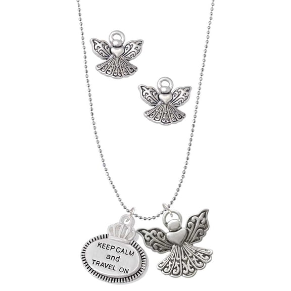 Delight Jewelry Silvertone Keep Calm and Travel On Silver tone Guardian Angel Charm Necklace and Stud Earrings