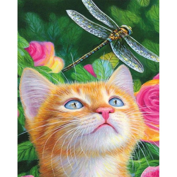 Cuadros Decorativos Kits de diamantes de imitación de pintura de diamante de gato y libélula de taladro redondo completo DIY 5D Wdftyju embutido en tela