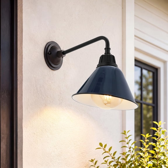 JONATHAN Y Croydon 9.63" 1-Light Farmhouse Industrial Indoor/Outdoor Iron LED Gooseneck Arm Outdoor Sconce, Navy