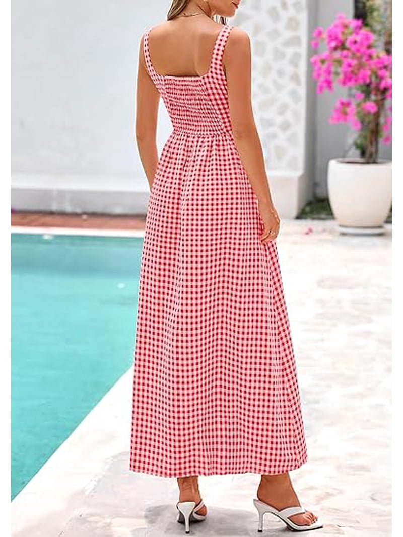 Prettygarden Women's Summer Spaghetti Strap Maxi Dresses Plaid Square Neck A Line Casual Beach Vacation Long Sundress, Size: Medium, Red