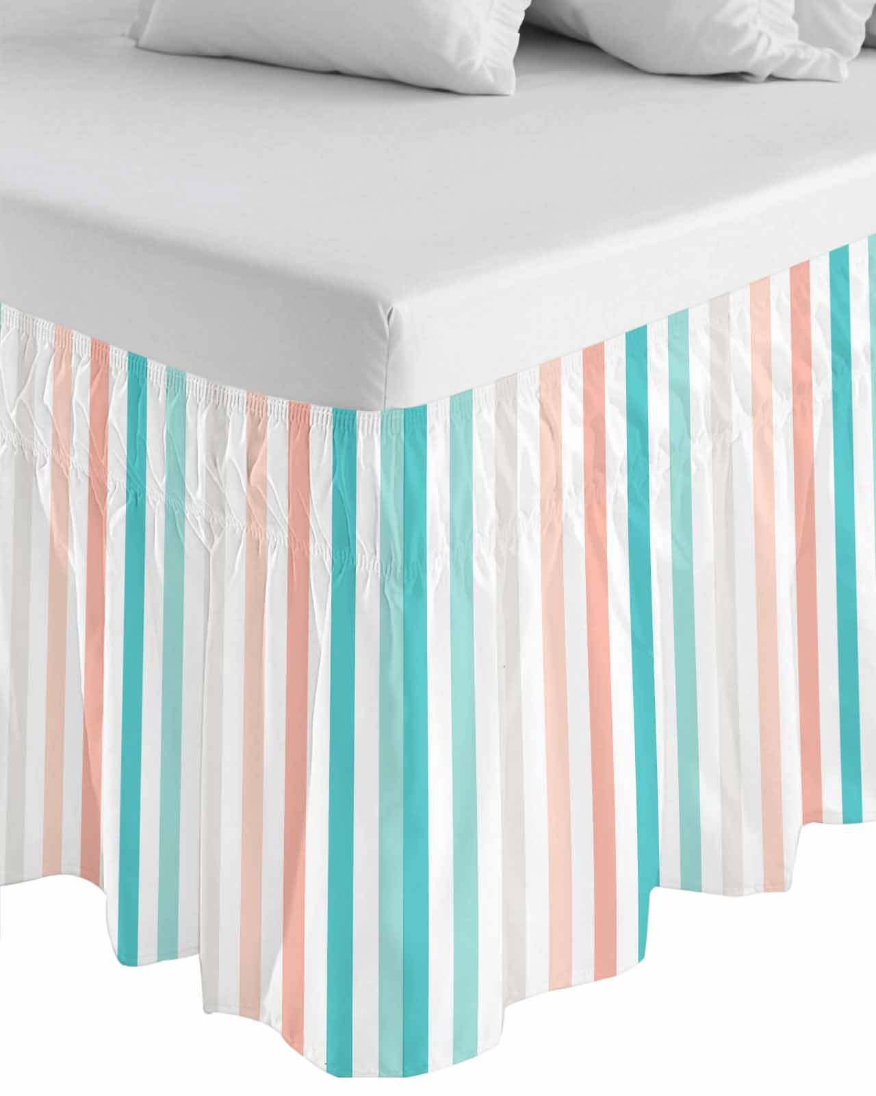 Coral Red Aqua Stripes Ruffle Bed Skirt Queen Size Minimalist Abstract Vertical Striped Adjustable Elastic Dust Bed Skirts Wrap Around Bedskirt Wrinkle Free Easy Fit with 18 Inch Drop