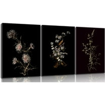 3Pcs Dark Botanical Wall Art Vintage Moody Floral Canvas Painting Black Flower Wall Decor Rustic Farmhouse Plant Posters Prints For Living Room Bedroom Office Pictures (only canvas)