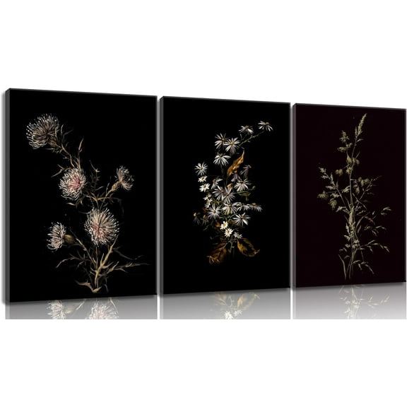 3Pcs Dark Botanical Wall Art Vintage Moody Floral Canvas Painting Black Flower Wall Decor Rustic Farmhouse Plant Posters Prints For Living Room Bedroom Office Pictures (only canvas)