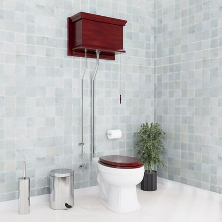 Antique Cherry Color Wooden High Tank Pull Chain Toilet White Elongated Toilet Bowl Anti-Stain Reno-Gloss Finish Renovators Supply