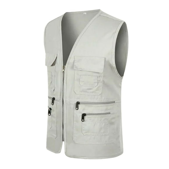 Yoodem Mens Vest Winter Coats for Men's Casual Outdoor Work Fishing Travel Photo Cargo Vest Jacket Multi Pockets Vest for Men Beige XL