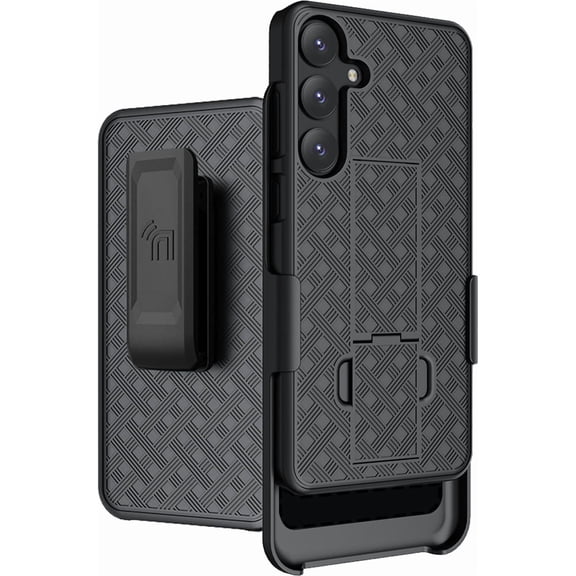 Case with Clip for Samsung Galaxy S25 5G Phone, Nakedcellphone Textured Slim Cover with Stand and [Rotating/Ratchet] Belt Hip Holster Holder Combo - Matte Black