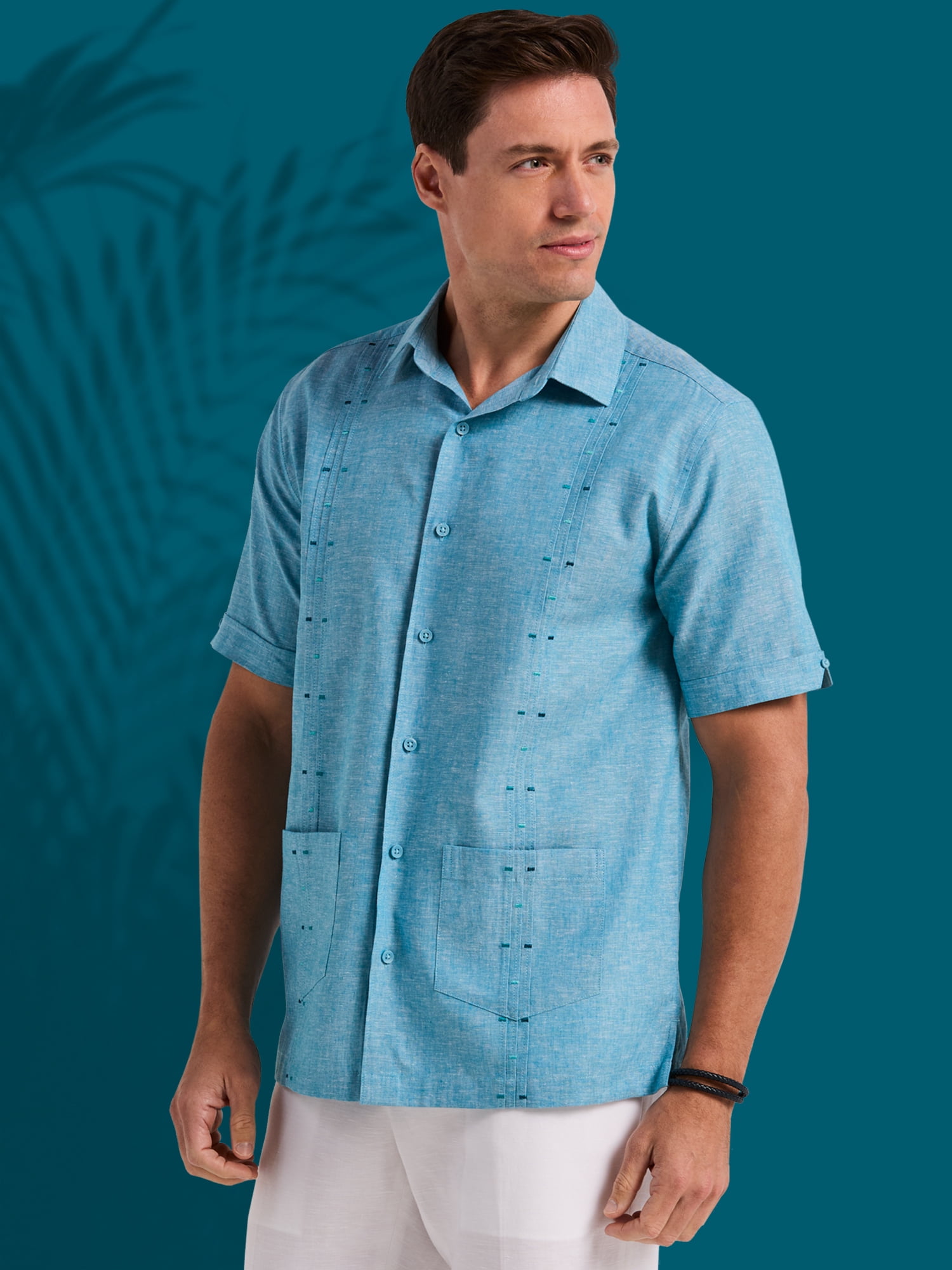 Havanera Men's and Big Men's Tucks and Embroidered Panels Short Sleeve Cotton Linen Button-Down Shirt with Pockets, Sizes S-5XL