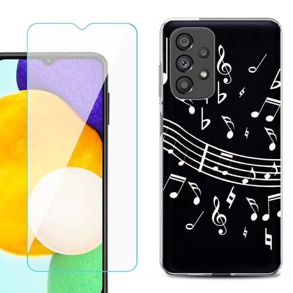 Slim-Fit Gel TPU Phone Case for Samsung Galaxy A23 5G, with Tempered Glass Screen Protector, by OneToughShield ® - Music Notes / Black