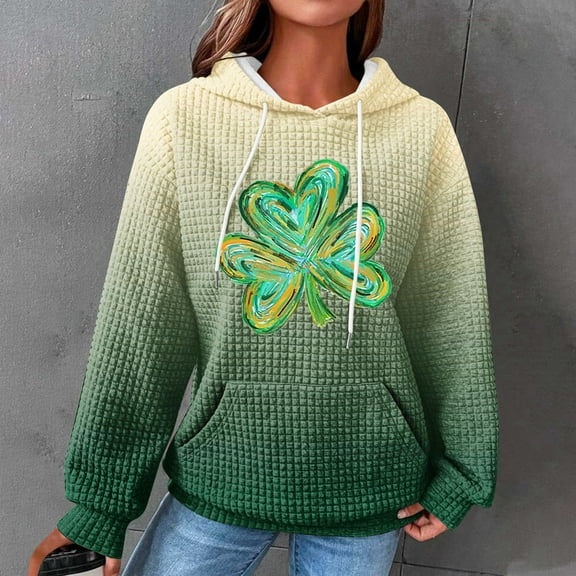 St Patricks Day Hoodie Women,Women Hoodies Waffle St. Patrick's Day Graphic Print Long Sleeve Sweatshirt Drawstring Hooded Pullover Sweatshirt Tops with Pocket