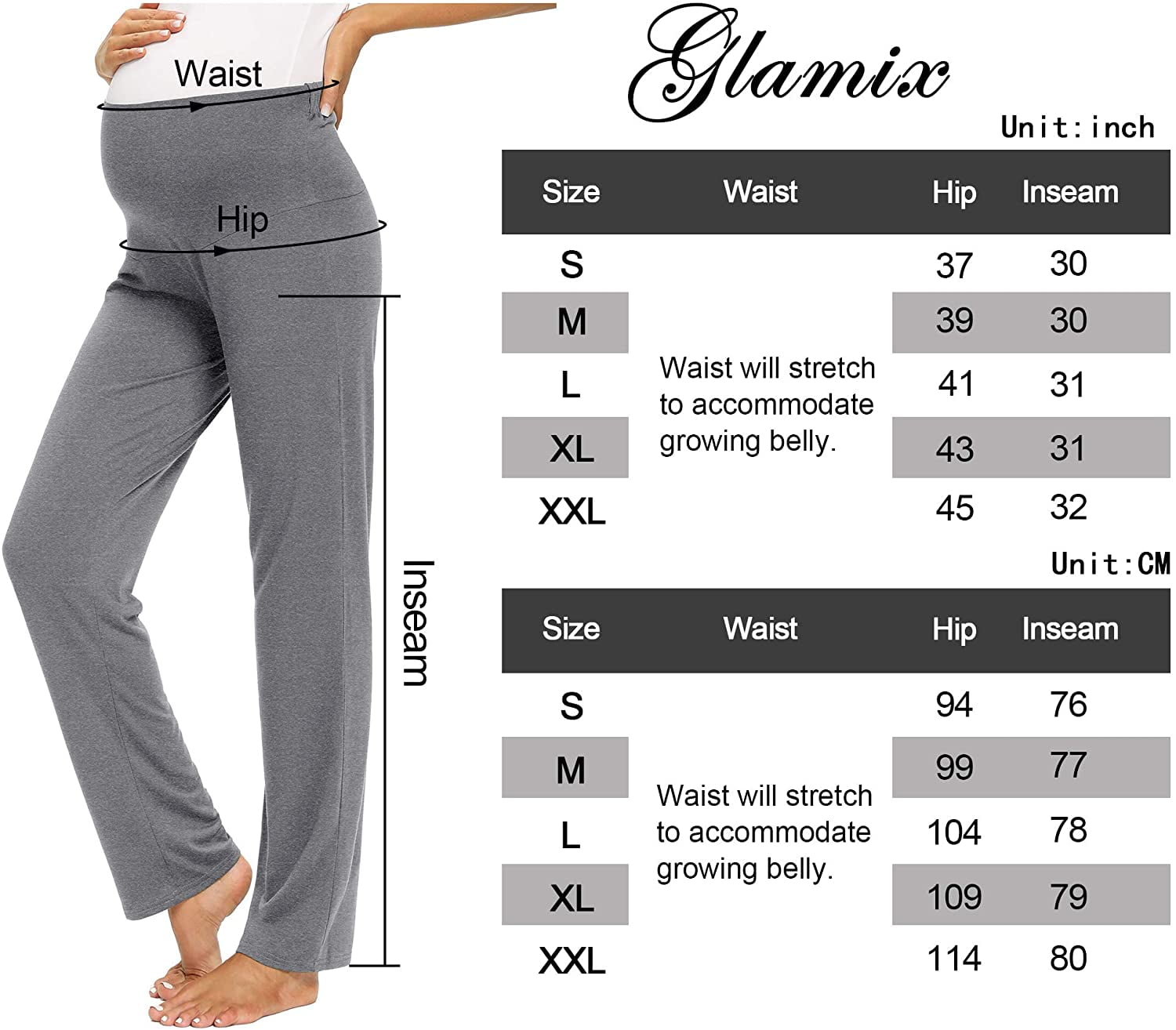 GLAMIX Women's Maternity Lounge Pants Comfy Joggers Pregnancy Over The Belly Sweatpants with Pockets 