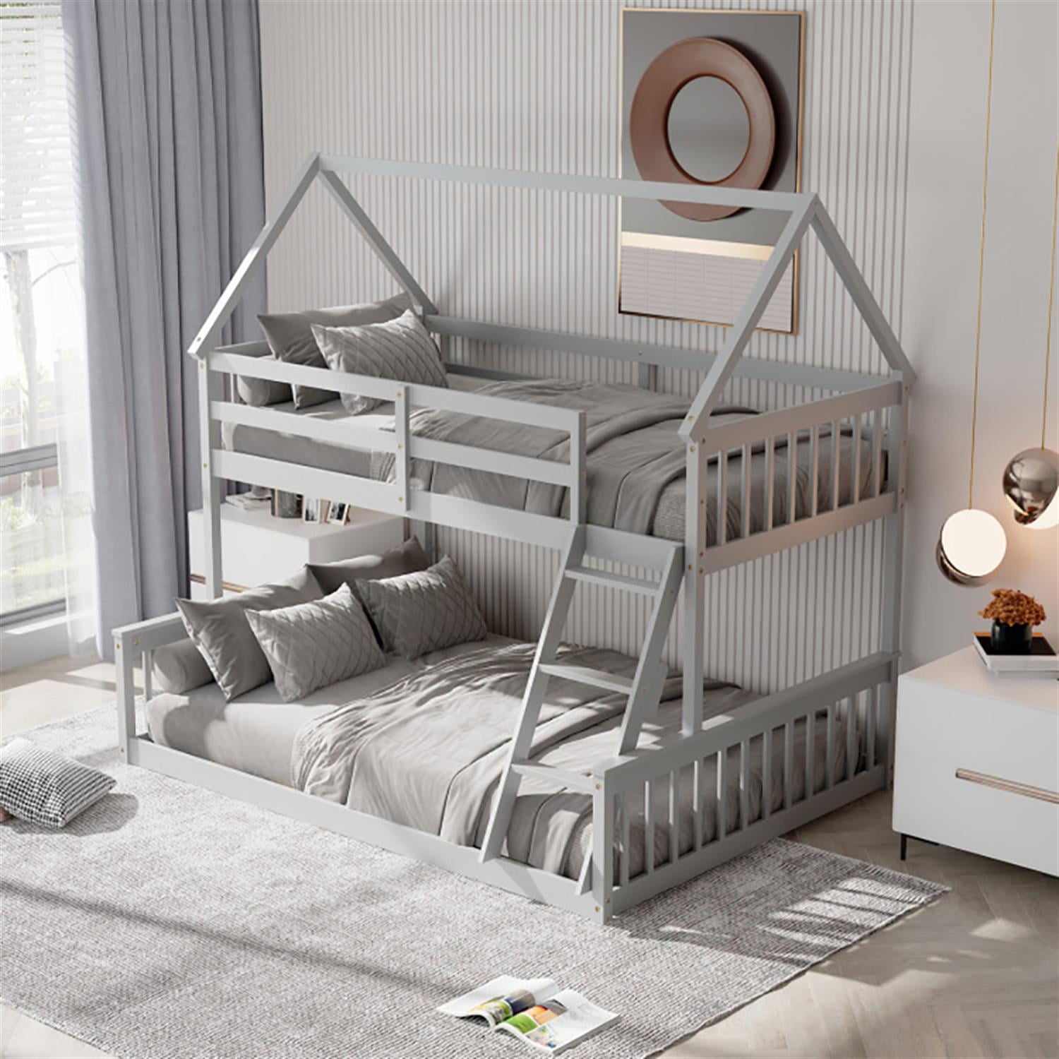 Demi Bonn Twin Over Full Bunk Bed with Ladder and Guardrails, House Twin Bunk Beds, Bed Frame, Gray