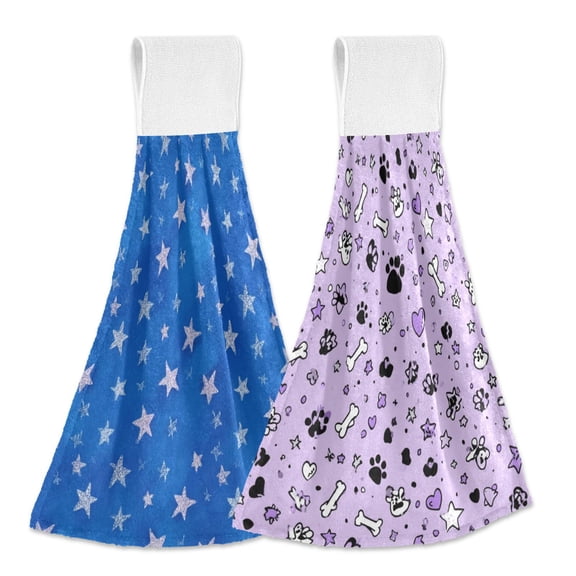 IAUYY Kitchen Hanging Towels Set of 2 100% Polyester Absorbent, Super Soft Hand Towels with Hanging Loops for Bathroom Kitchen Blue Star Black Small Dots