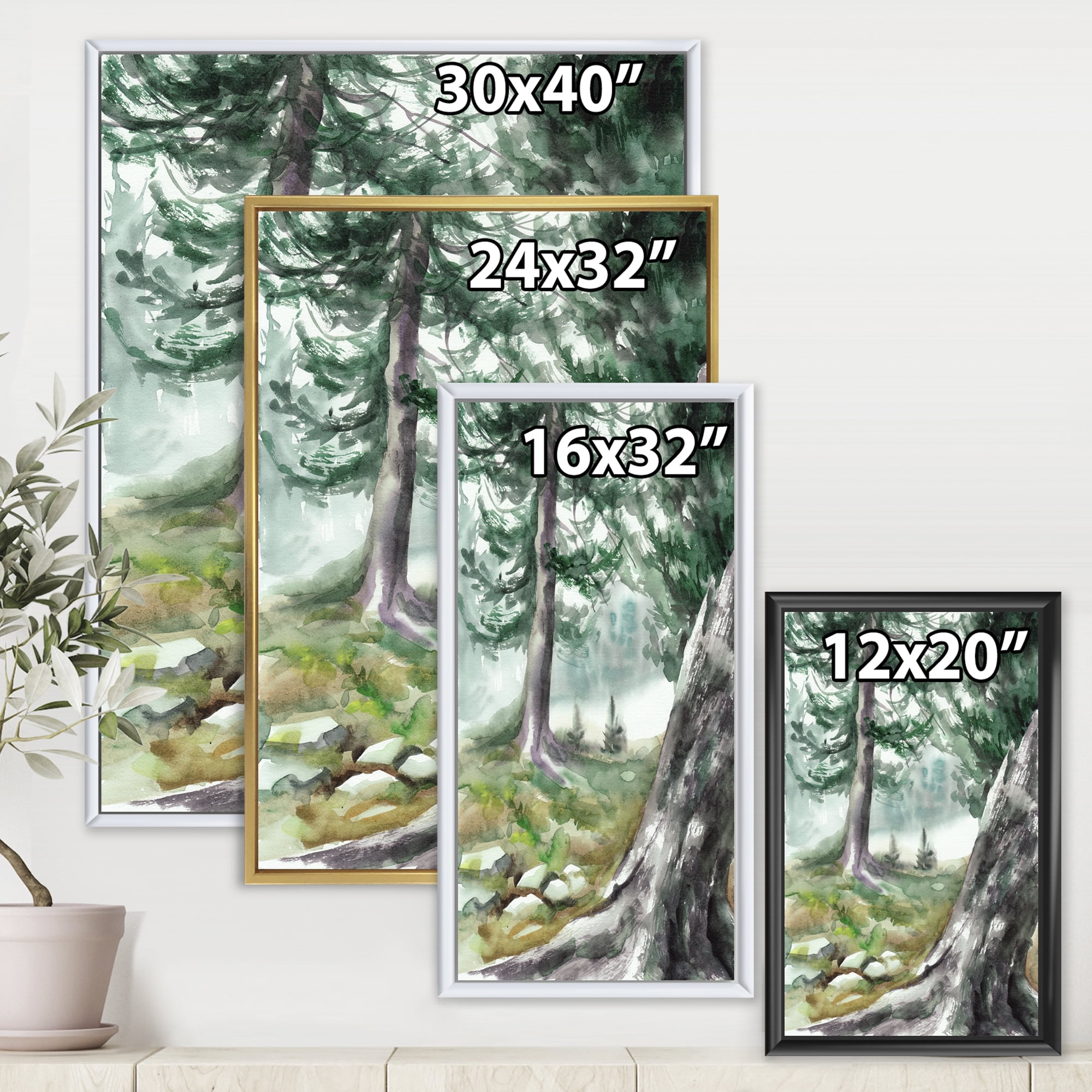Pine Forest In The Early Morning Glow 24 in x 32 in Framed Painting Canvas Art Print, by Designart