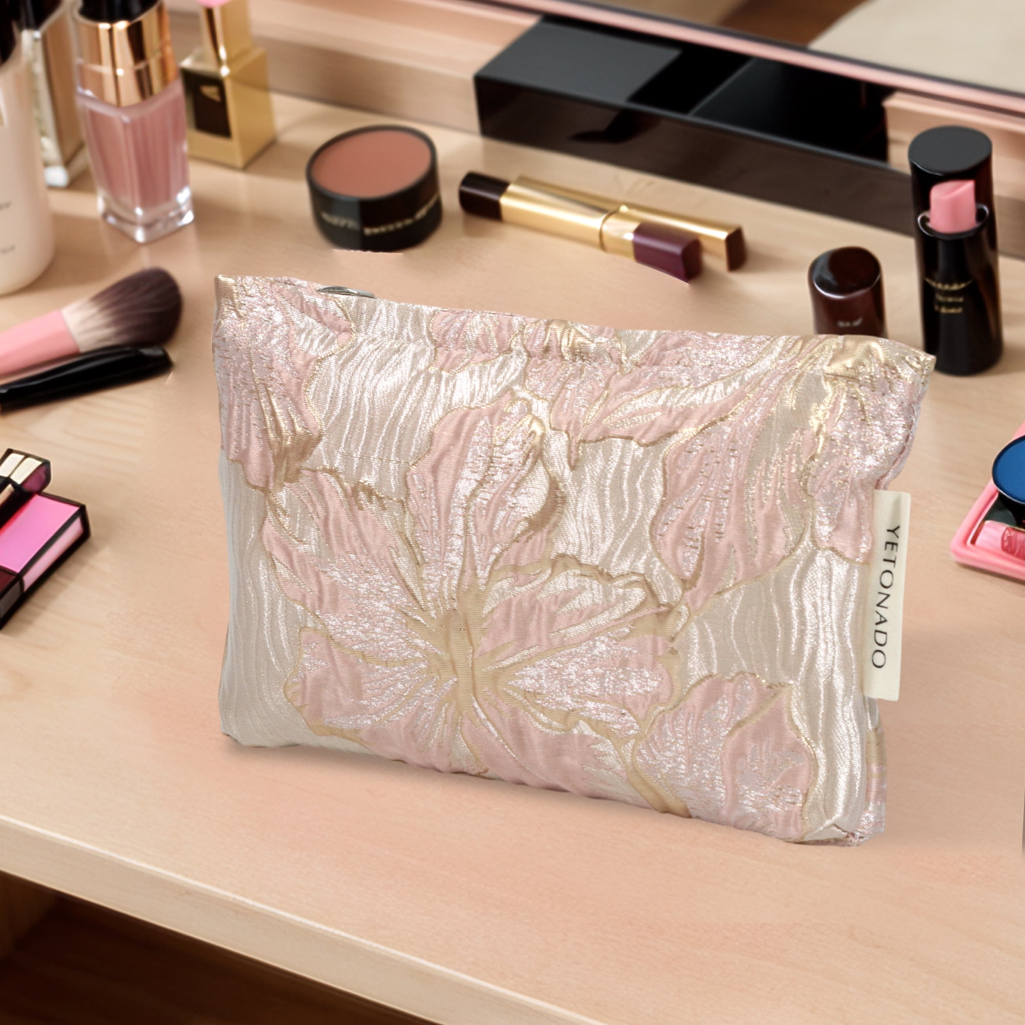 Unique Bargains 1 Pc Versatile Embossment Flower Handheld Makeup Bag Pink Medium