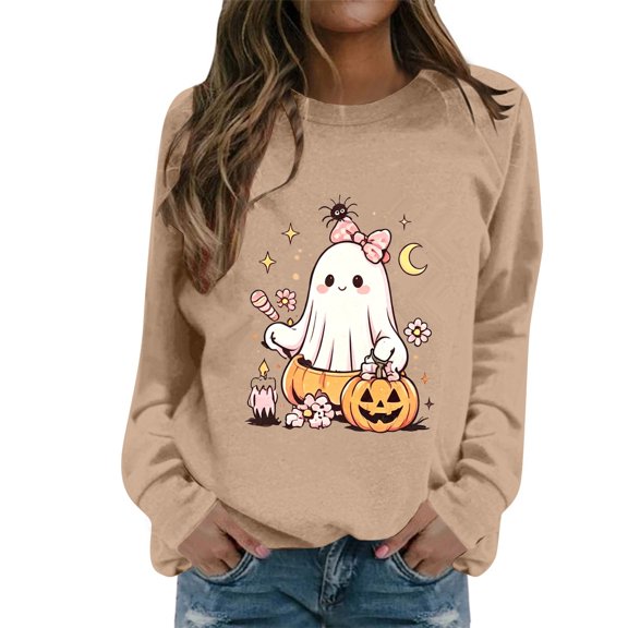 PLHWHYQ Women's Halloween Cute Ghost Pumpkin Graphic Crewneck Sweatshirt, Long Sleeve Casual Fall Pullover Top a-Khaki L