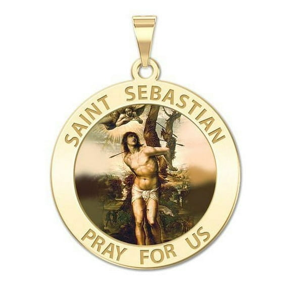 Saint Sebastian Religious Medal Color - 1 Inch Size of a Quarter in Solid 14K Yellow Gold