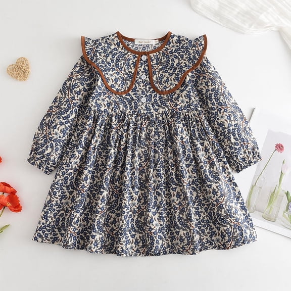 BLTIBY Girls Kids Casual Midi Dress Cotton Princess Elegant Floral Printed Long Sleeve Pleated Dresses Navy 4-5 Years