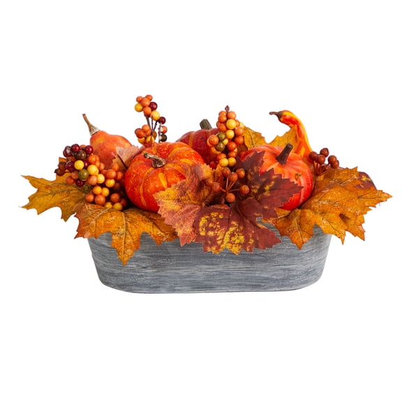 Nearly Natural 12in. Fall Pumpkin and Berries Autumn Harvest Artificial Arrangement in Washed Vase
