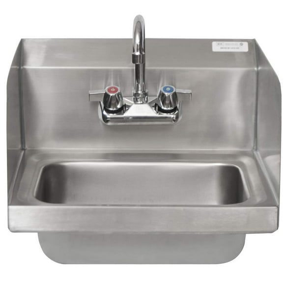 BK Resources BKHS-W-1410-SS-P-G Wall Mounted Stainless Steel Hand Sink with Faucet and Side Splashes, 14" Wide x 10" Front-to-Back Bowl