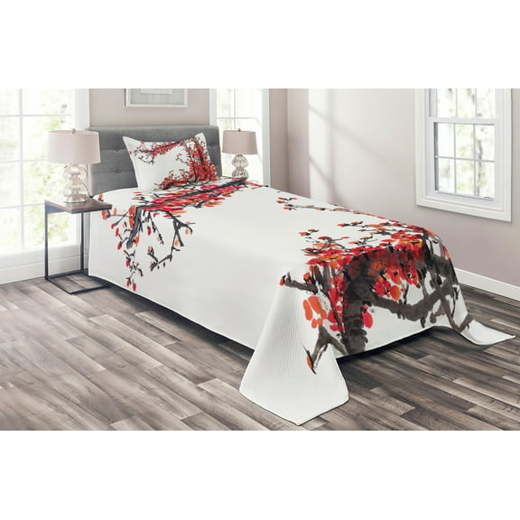 Ambesonne Japanese Quilted Coverlet 2 Pcs, Blossom Cherry Sakura, Twin Size, Red and Brown