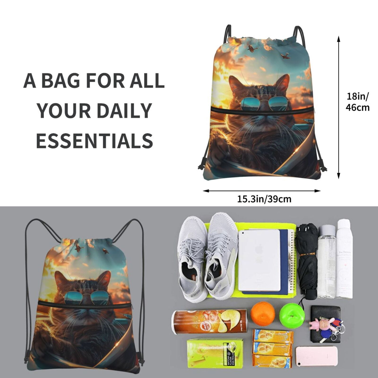 Xecao Cool Cat Driving Sunset for Drawstring Bags,Pull String Backpack Bags,String Bag Sackpack