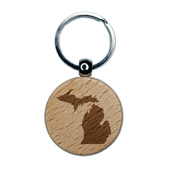 Michigan State Silhouette Round Keychain Charm Tag - Engraved Wood