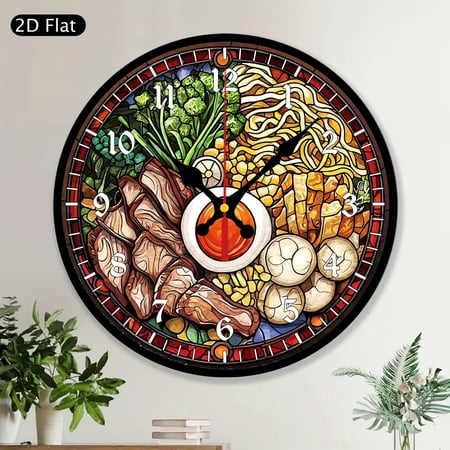 Japanese Ramen Stained Glass Round Wall Clock, MDF Wood Kitchen Decor, Foodie Home Decor Gift for