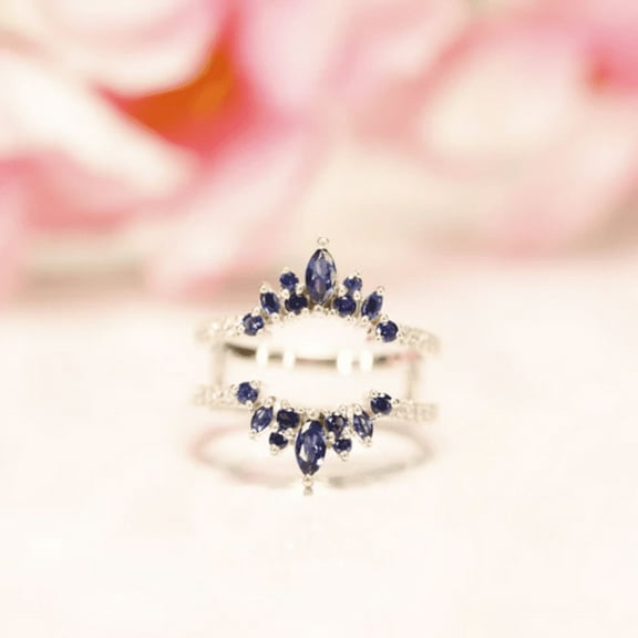 Marquise & Round Cut Blue Sapphire Engagement Enhancer Ring in 925 Sterling Silver