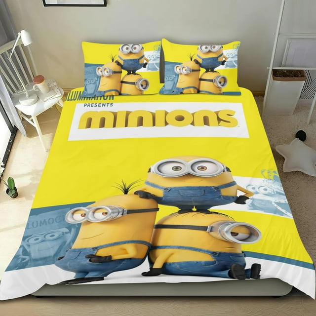 Minions Conjunto de sábanas temático, trío de piezas, cómodo y amigable con la piel, diseño único, regalo de decoración para el hogar para familiares, amigos y fans, 90 cm * 190 cm