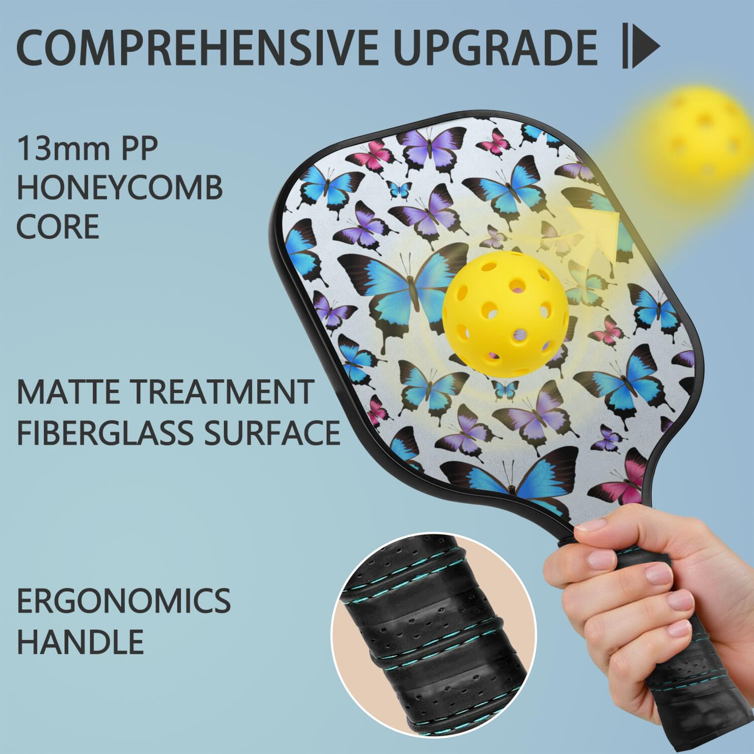 Pickleball Paddles Set Of 1, Fiberglass Surface, Boho Butterfly Decor, 1 Paddle, 2 Balls & Bag