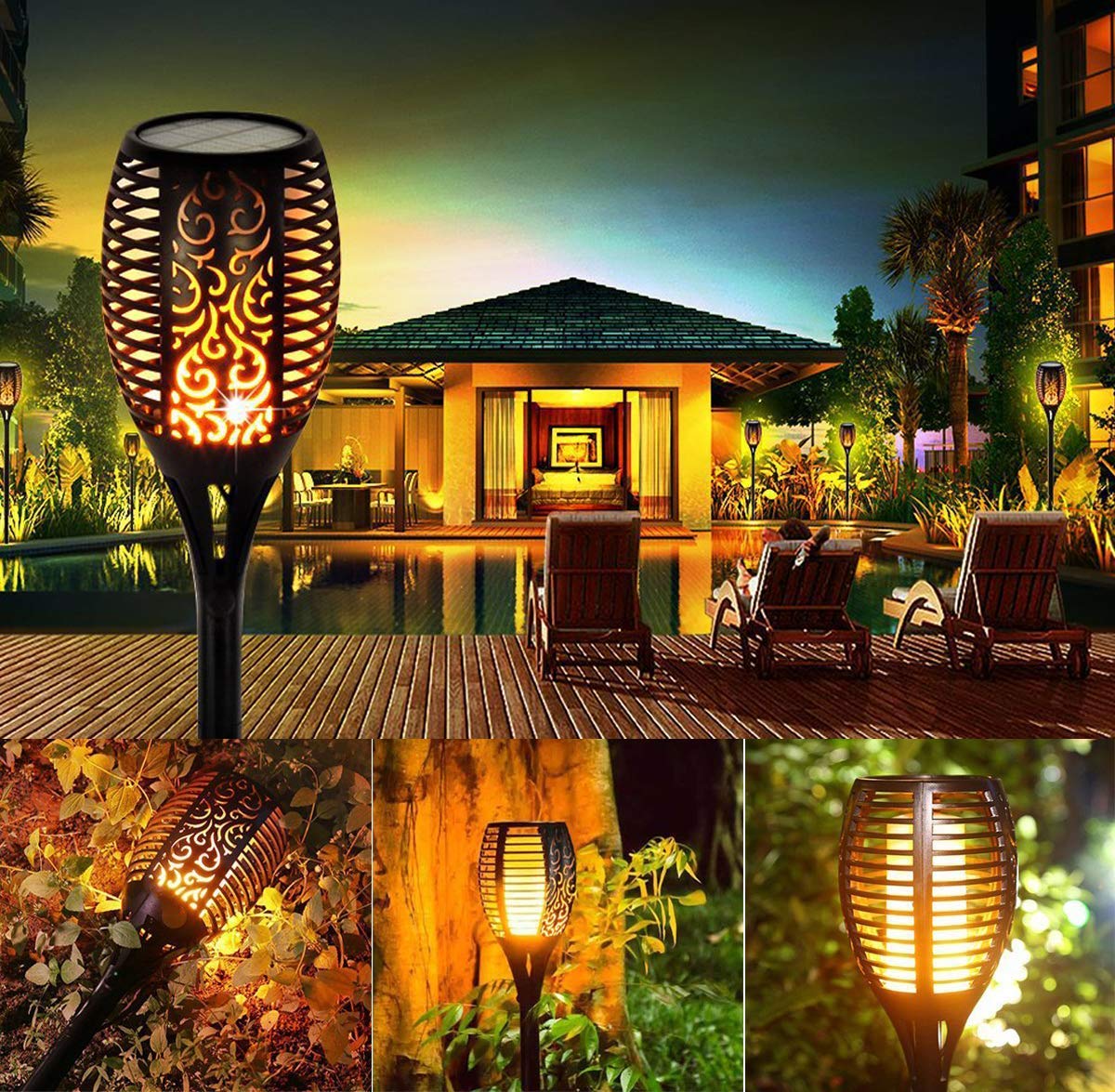 Honche Solar Torch Lights Outdoor Waterproof Flickering Flames Security Light Deck Yard Driveway Garden Patio Decoration Lighting (2 Packs)