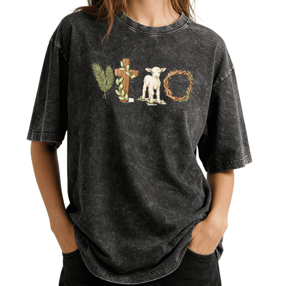 Christian Lamb VTO Palm Cross Wash Print Tshirt S-2XL Vintage Black Graphic Tees Gift Shirts for Religious Easter Tops