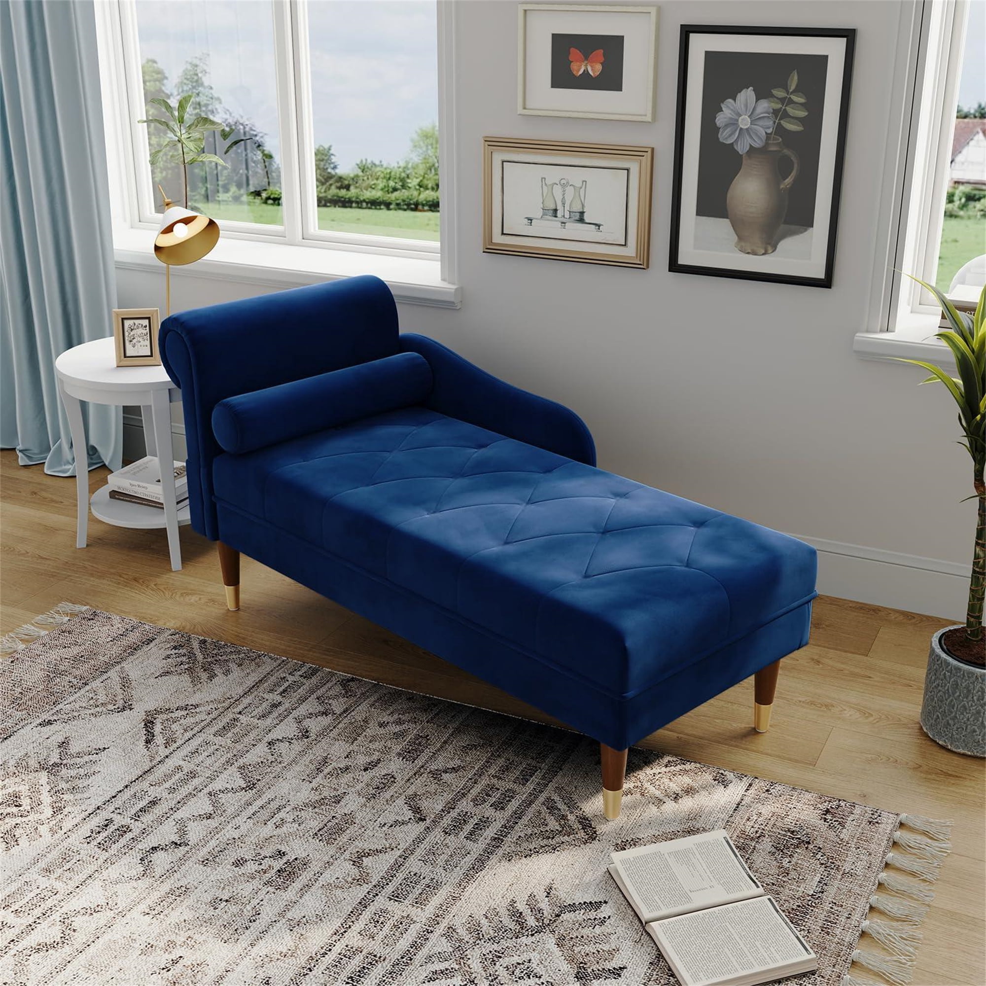 Aukfa 59" Velvet Chaise Lounge Indoor Upholstered Tufted Sofa w/ Pillow for Living Room Bedroom, Blue