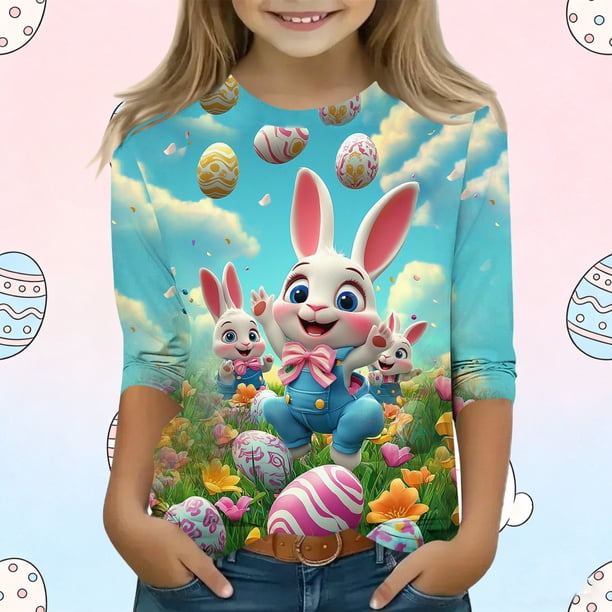Blusas y camisas de manga larga con cuello redondo para niños con estampado de día de Pascua, manga 3/4/cuello redondo tres cuartos, camisa inferior y superior para niños, parte superior de poliéster