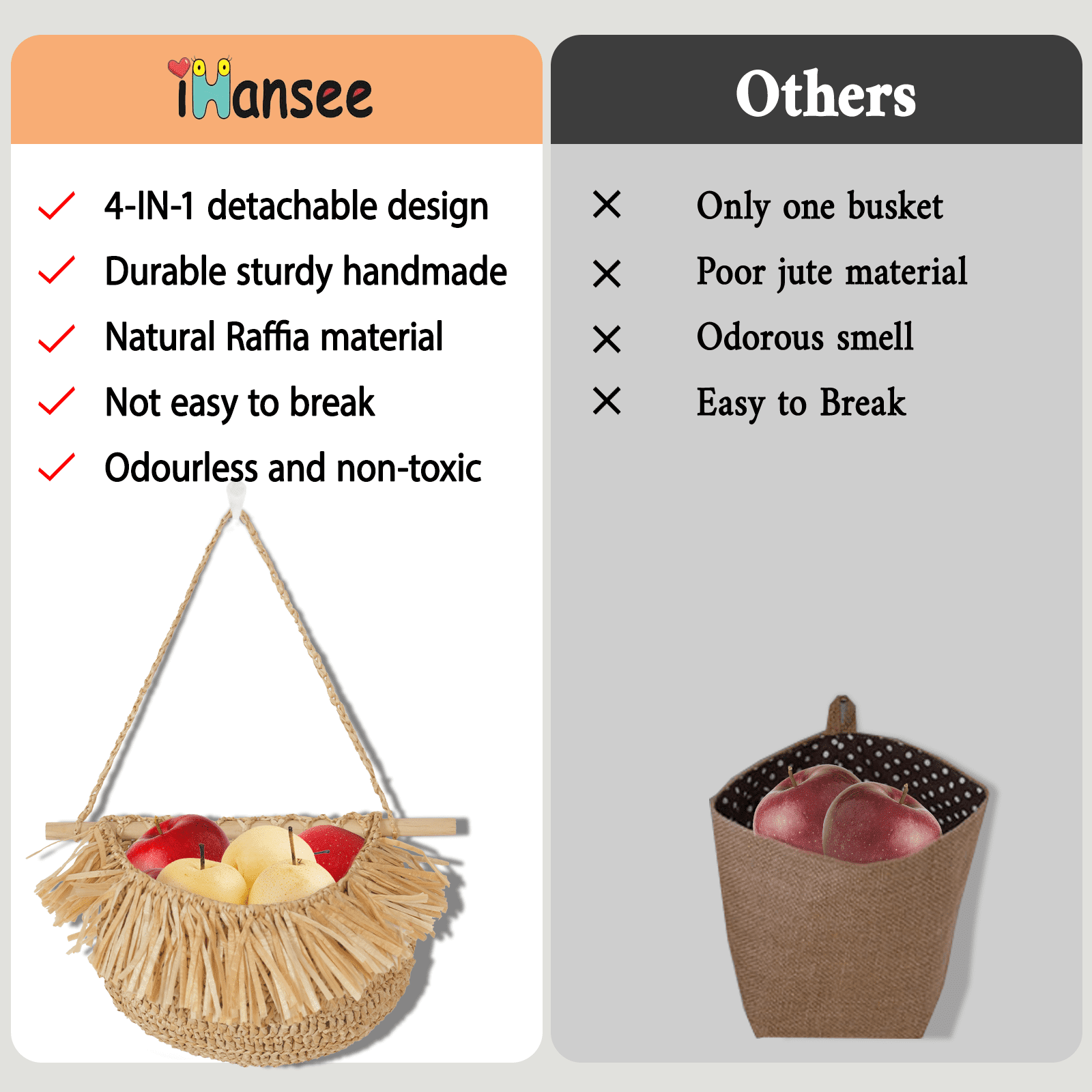 Hanging Fruit Basket, ZUEXT 4 Tier Over the Door Organizer, Handmade Woven Jute Wall Baskets for Organizing, BOHO Decor, Storage for Kitchen, Living & Bathroom Bedroom.