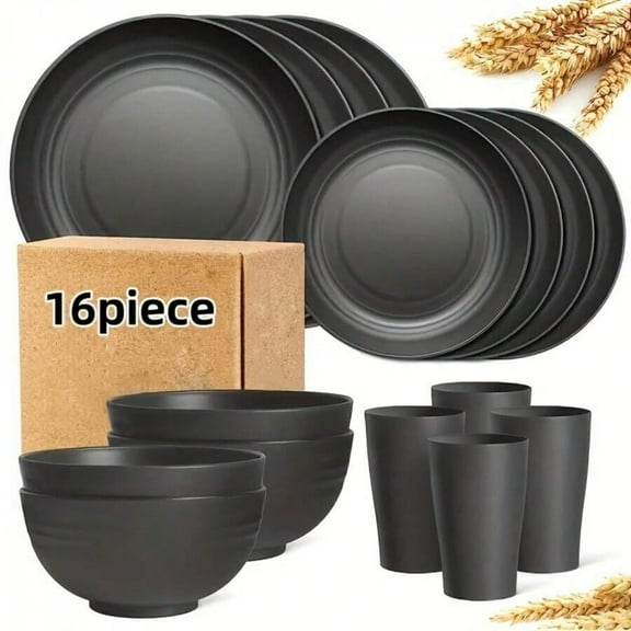 REZJSWFSMMJ 16-Piece Kitchen Plastic Dinner Set, Service For 4, Dinner Plates, Dessert Plates, Cereal Bowls, Cups, Unbreakable Plastic Plates And Bowls Set, Outdoor Camping Dishes