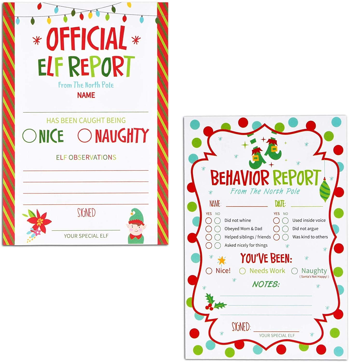 25 X Elf Naughty Or Nice North Pole Report Christmas Card Kids Novelty Letter 