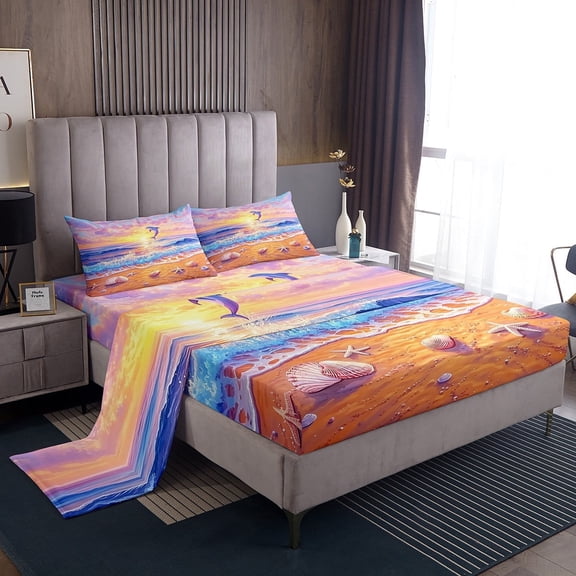 Erosebridal Ocean Beach Sheet Set Twin,Dolphin Starfish Bedding Sets Twin Size,Sea Animal Twin Sheet Sets,Breathable Sunset Room Decor,3pcs